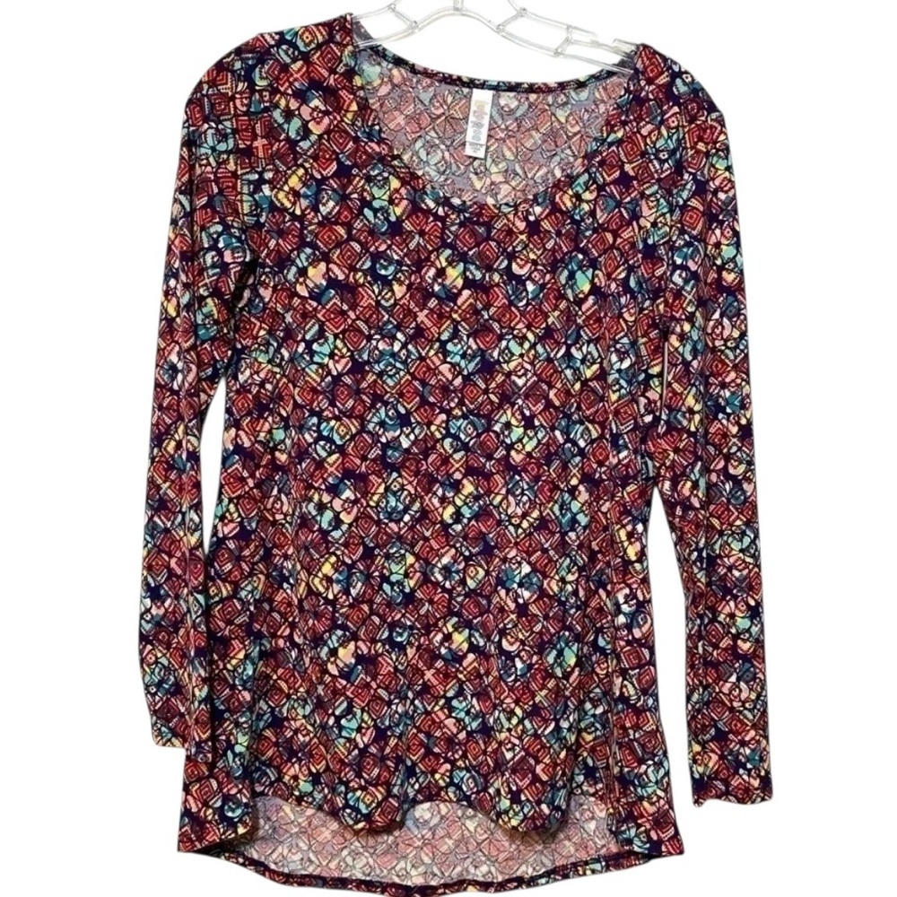 LuLaRoe Lynnae Long Sleeve Top XS Purple Teal Geometric High Low Tunic